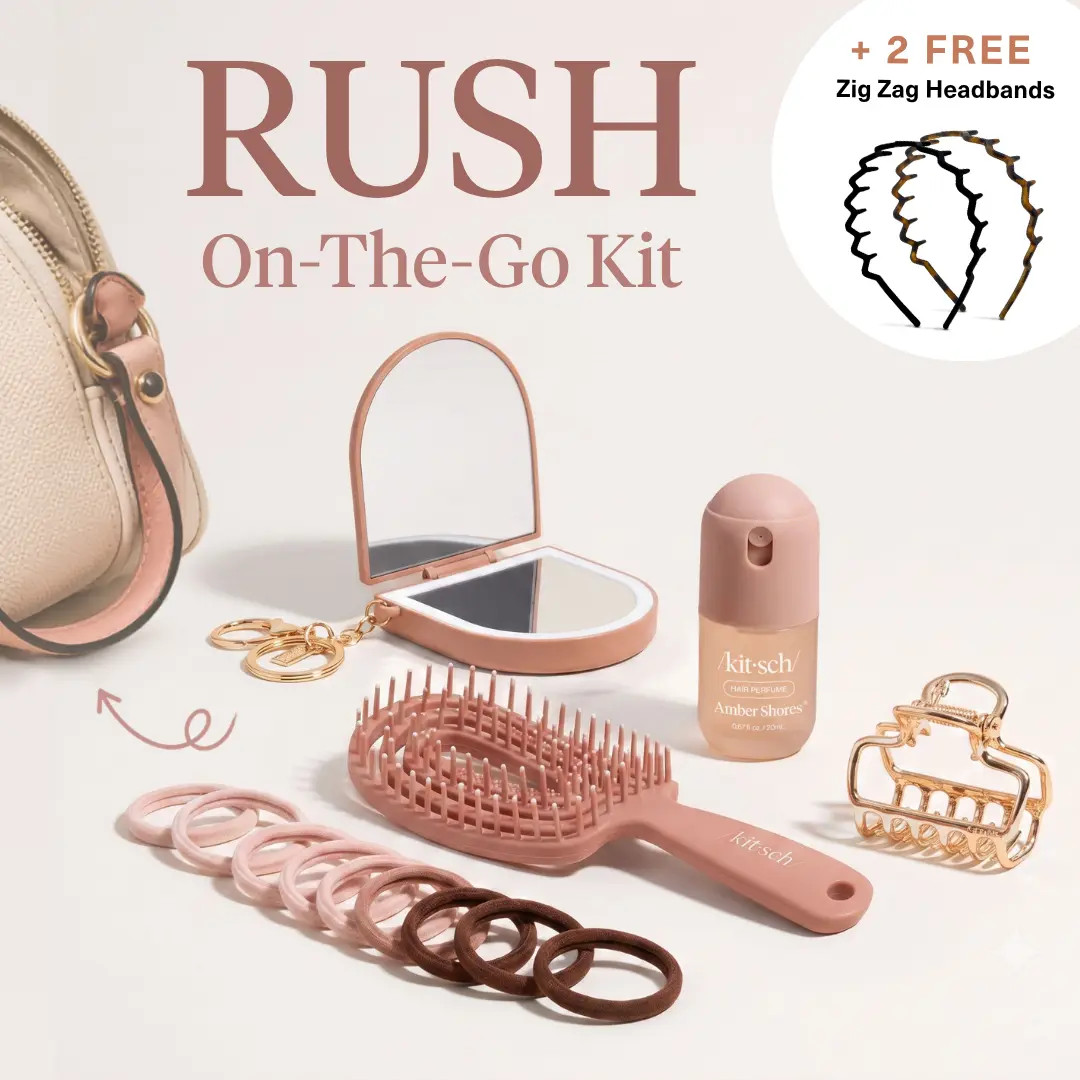 KITSCH RUSH ON-THE-GO KIT – Campus Hair Essentials Set - Compact Mirror Keychain - Mini Hair Perfume - Detangling Flexi Brush - Cloud Clip and Elastics - Sorority Haircare