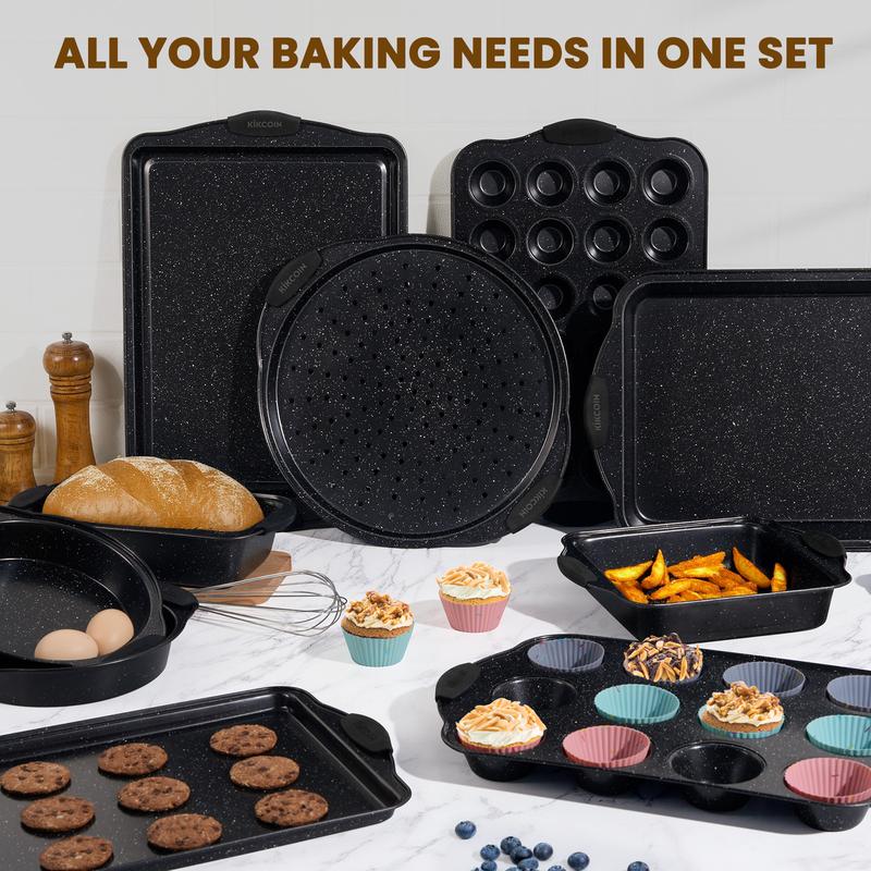 Kikcoin Deluxe Set Kikcoin 22Pcs Nonstick Baking Pan Set,Carbon Steel,Silicone Handles,Oven Safe,Bakeware,12Pcs Reusable Silicone Cups,Cake Cookie Muffin,Beginner