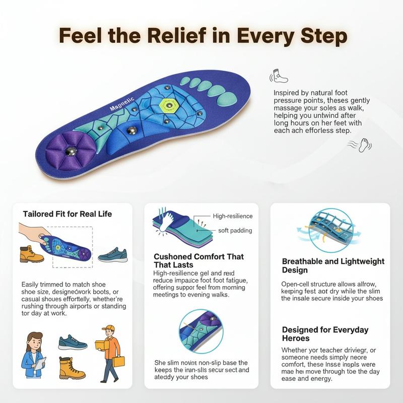 Unisex Foot Supportive Insoles are shock absorbing magnetic foot cushions with arch support ideal for work boots all day standing and comfortable wear multiple sizes Unisex Foot Supportive Insoles are shock absorbing magnetic foot cushions with arch support ideal for work boots all day standing and comfortable wear multiple sizes