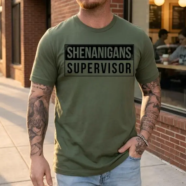 Women's Classic Fit Heavy Cotton Short-Sleeve Black T-Shirt - Crew Neck, Shenanigans Supervisor Retro Print, Funny Work Humor, Sarcastic Casual Office Top, Plain, True Size, Tear Label, Machine Wash, 2XL-4XL