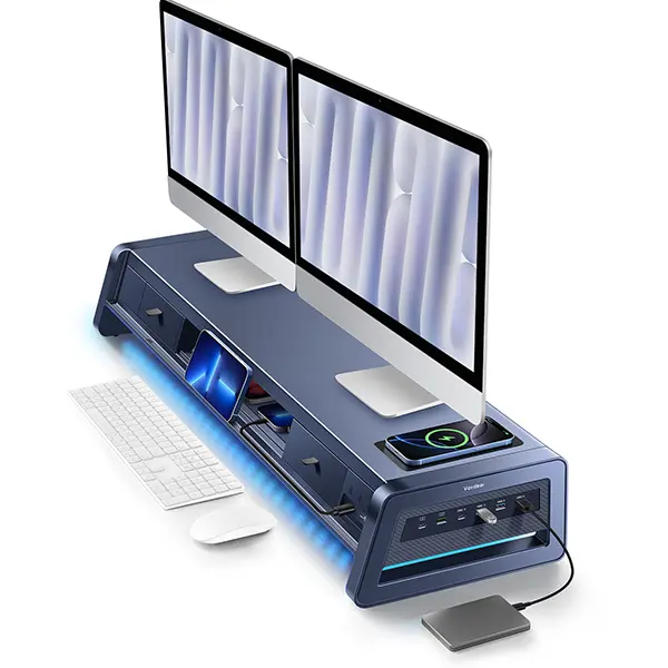 Vaydeer Metal Dual Monitor Stand Riser - Monitor Mount with 8 USB Ports, Wireless Charging Pad, 2 Storage Drawers, Desk Organizer, Ergonomic Durability for Office & Home PC Gaming Setup, Laptop Desk, PC Accessories, Desk Accessory