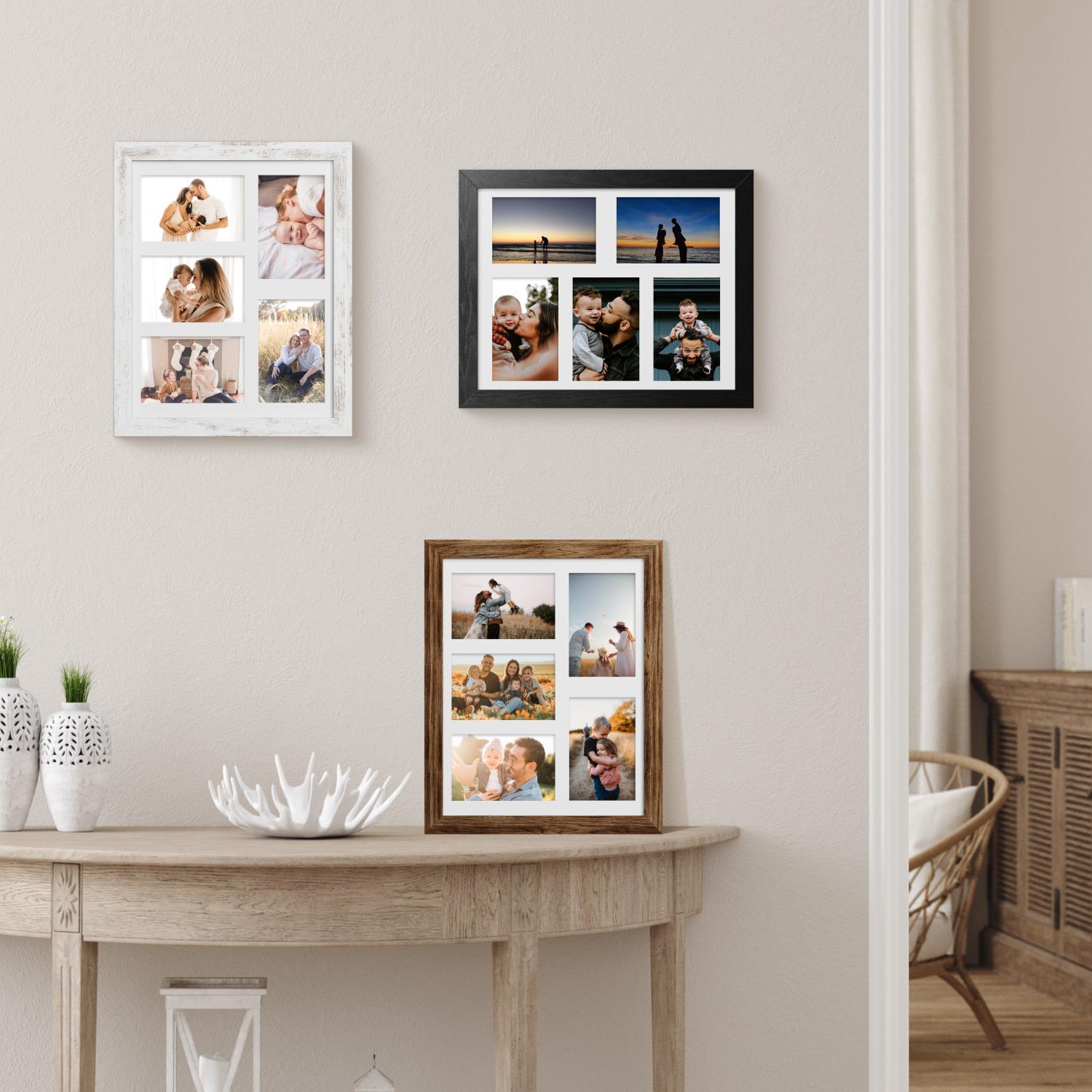 11x14 Picture Frame Set of 2, Rustic Brown Wood Frame with Real Glass Collage Picture Frames, Display Pictures Five 4x6 With Mat or 11 x 14 Without Mat, Photo Frames Wall Gallery