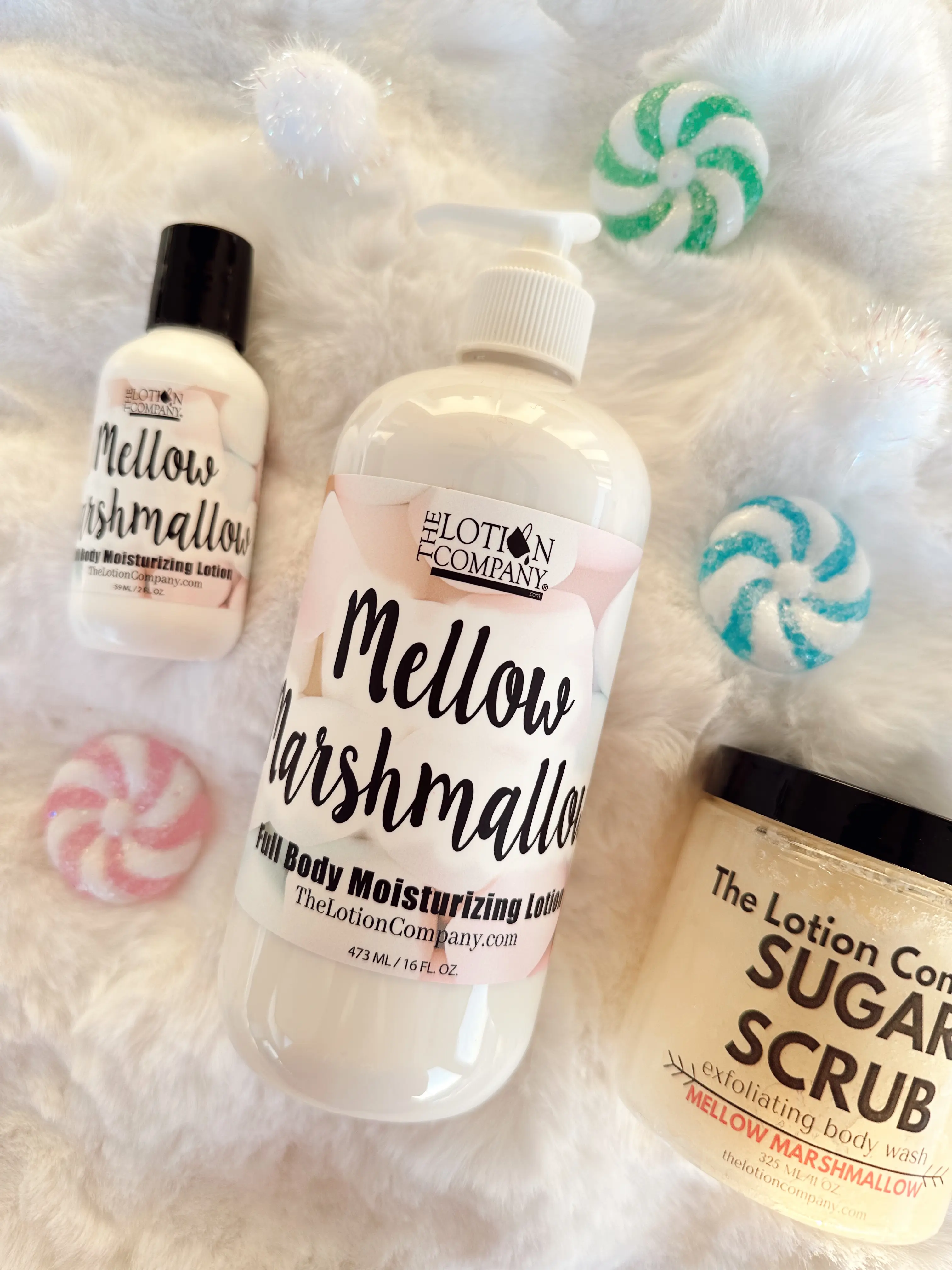 Mellow Marshmallow Body Lotion & Sugar Scrub – Pick your size - 16 oz, 2 oz Travel & 11 oz - (light, soft & mellow scent) – The Lotion Company Lightweight Fluffy