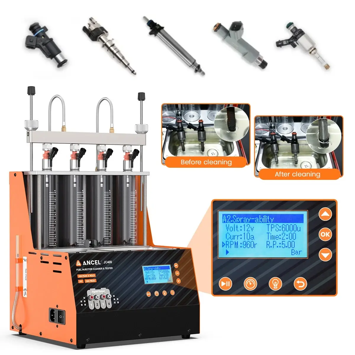 ANCEL JC400 4-Channel Fuel Injector Cleaner & Tester with Ultrasonic Cleaning | GDI & Piezo Supported | 20 Bar Pressure | for Car/Motorcycle Automotive Repair