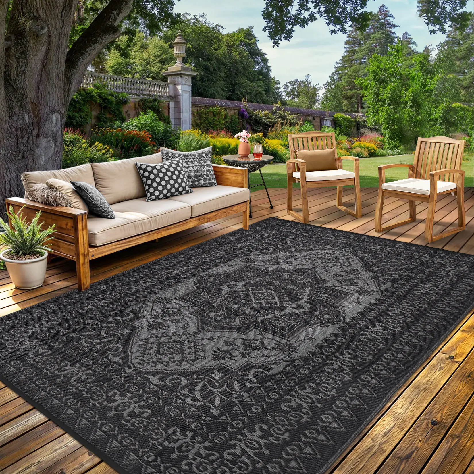 Retro Print Outdoor Rug Double-Sided Garden Decor Large Size Plastic Straw Woven Patio Rug Washable and Foldable for Balconies Beaches Picnics and RVs  camping rug