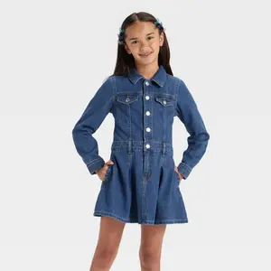 Girls' Long Sleeve Denim Dress - Cat & Jack Dark Wash XS
