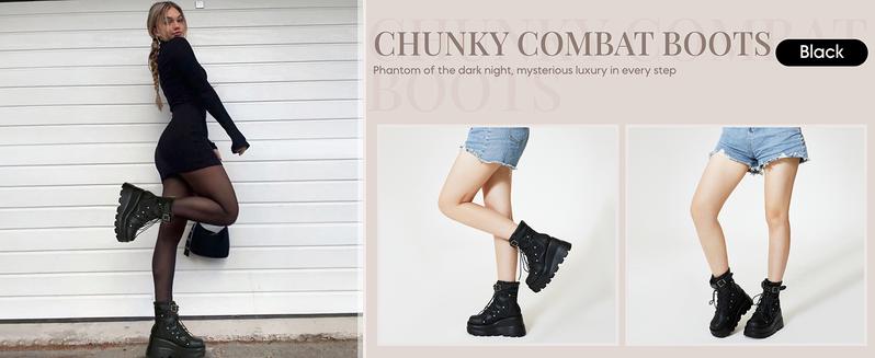 Platform Ankle Boots for Women Chunky High Heel Booties Goth Round Toe Combat Boots Women Lace Up Motorcycle Wedges