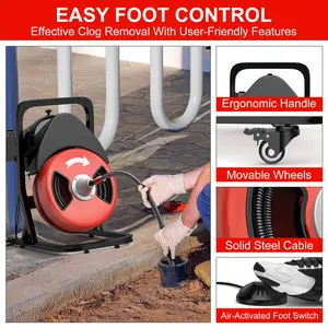 Drain Cleaner Machine 50 FT x 1/2 Inch Sewer Snake with 4 Cutter & Foot Switch 450W Portable Electric Auger for 2" to 4" Pipes Easy Foot Control Ergonomic Handle Movable Wheels
