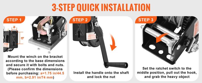 Manual Hand Winch 800 Lb Capacity for Trailer, Boat and ATV Towing - Heavy Duty Rope Winch with 33 Ft Steel Wire Cable, Two-Way Ratchet, Portable Hand Crank Winch, Marine Trailer Accessory for Pulling, Lifting and Recovery