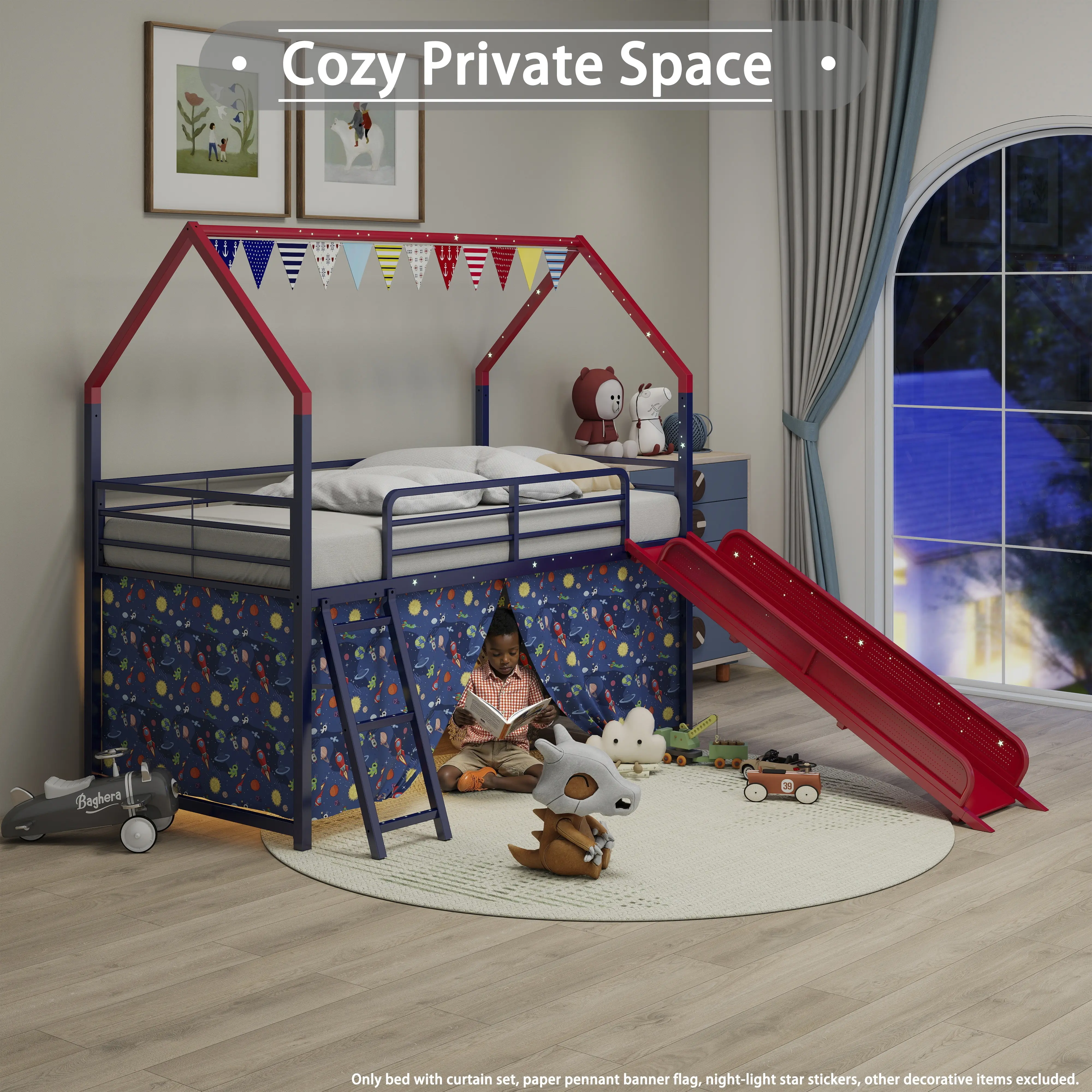 Jack Metal Double Attic Bed with Slide and Curtain Set, Superhero Red and Blue Color