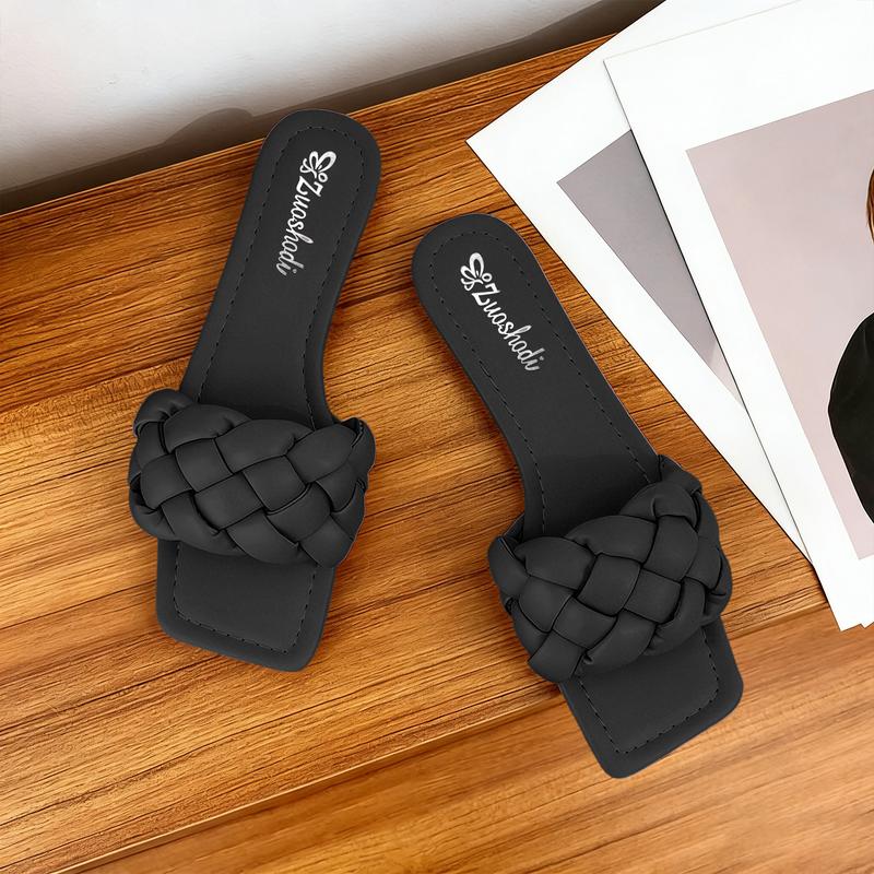 Breathable Fashion Square Toe Slide Sandals Women Woven Open Toe Flat Sandals Non-Slip Lightweight Casual Summer Footwear