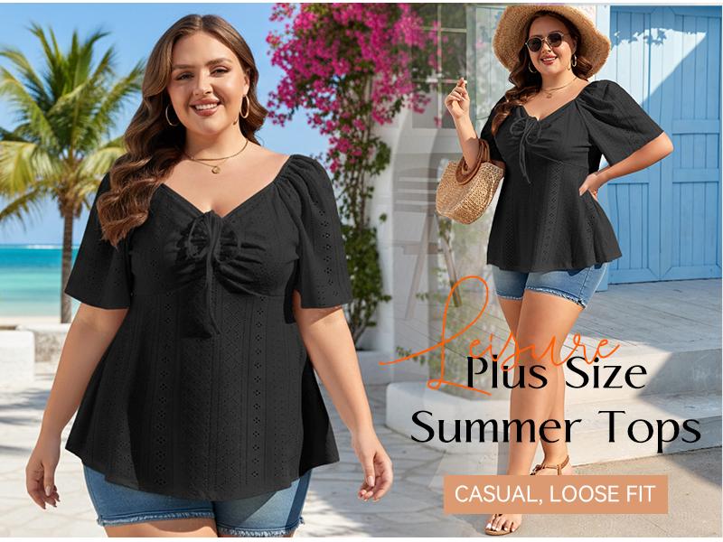 Eytino Womens Plus Size Tops Sweetheart Neck Short Sleeve Eyelet Embroidery Summer Loose Peplum Shirts(1X-5X)