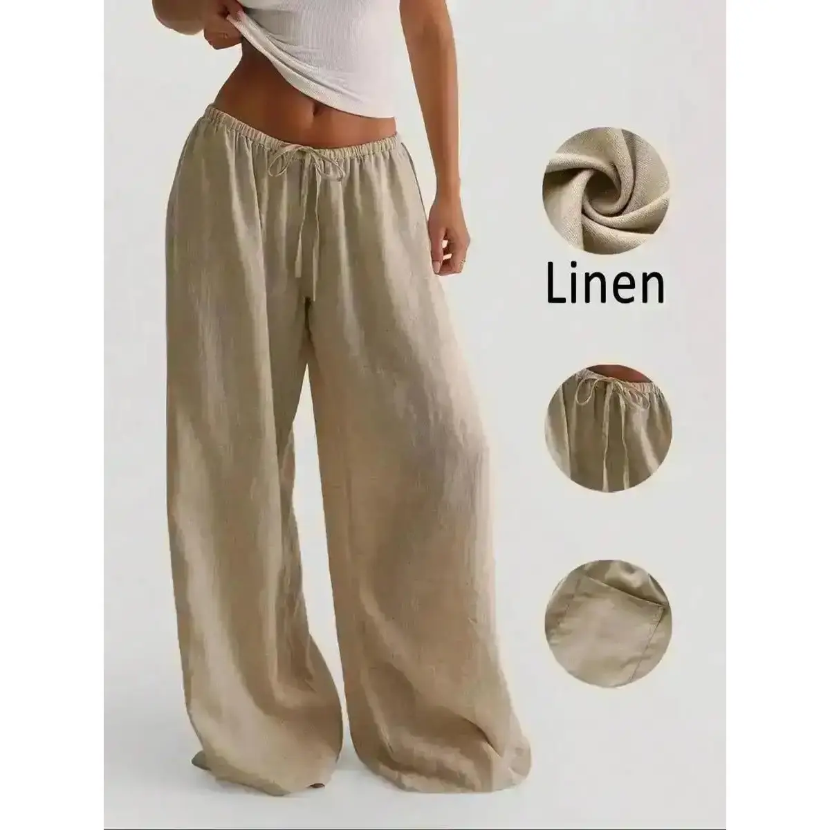 Women's High Waist Wide Leg Linen Pants Casual Loose Fit Drawstring Trousers Solid Apricot Straight Lounge Relaxed Comfortable Streetwear Minimalist Style Daily Wear Vacation Outfit Trendy Comfy Baggy, Comfort, Cozy
