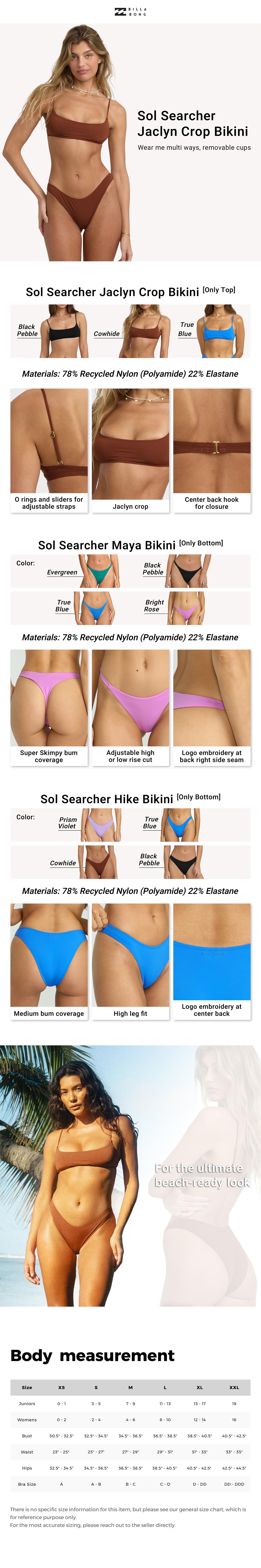 BILLABONG Sol Searcher Jaclyn Crop Bikini,wear me multi ways,Removable cups[Two Options, Set Available] Ruched Swim Bottom Swimsuit