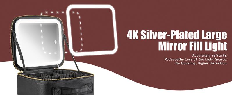 Makeup Bag with LED Mirror, Small Travel Makeup Case with Rechargeable Lighted Mirror 3 Color Lights, Double Layer Cosmetic Box Makeup Brush Lipstick Holder Organizer for Women, Black