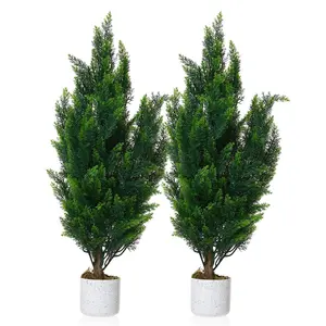Garvee Set of 2 Realistic Artificial Cedar Topiary Trees – 3FT UV Resistant Faux Spiral Pine Shrubs in Cement Planters for Indoor and Outdoor Decor