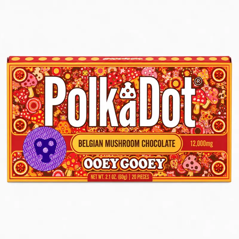 Polkadot Belgian Chocolate, Ooey Gooey, 20 Count, High Potency Plant-based Mushroom Snack, 100% Organic, High-Quality Ingredients, Made in USA, All Natural, Healthy Chocolate, 20 Piece Chocolate Bar