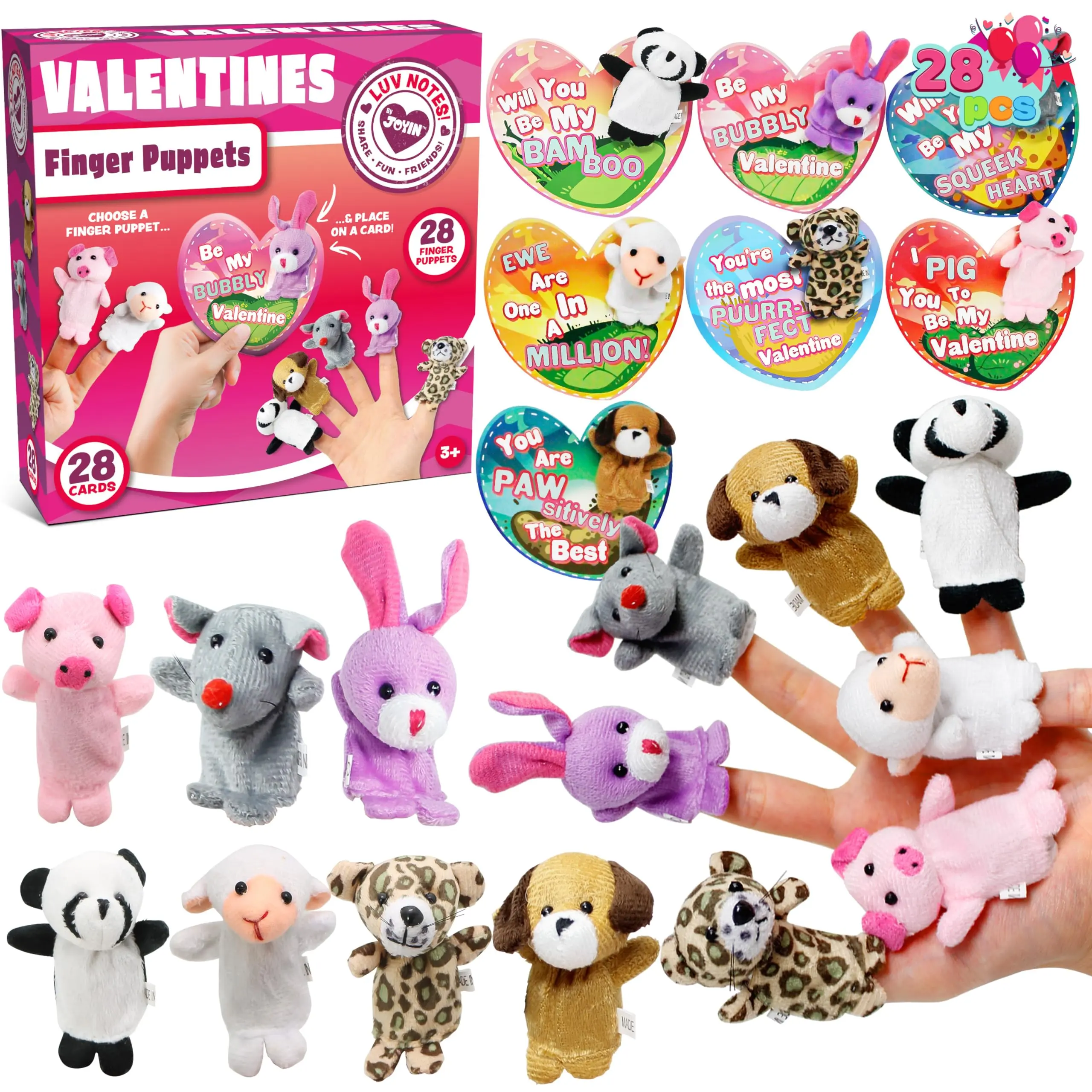 JOYIN 28 Packs Valentines Day Animal Finger Puppet Set with 7 Card Designs for Kids Party Favor Classroom Exchange Prizes Stressrelief Hand Puppets Holiday Reward Prizes  &28pcs Expression Face