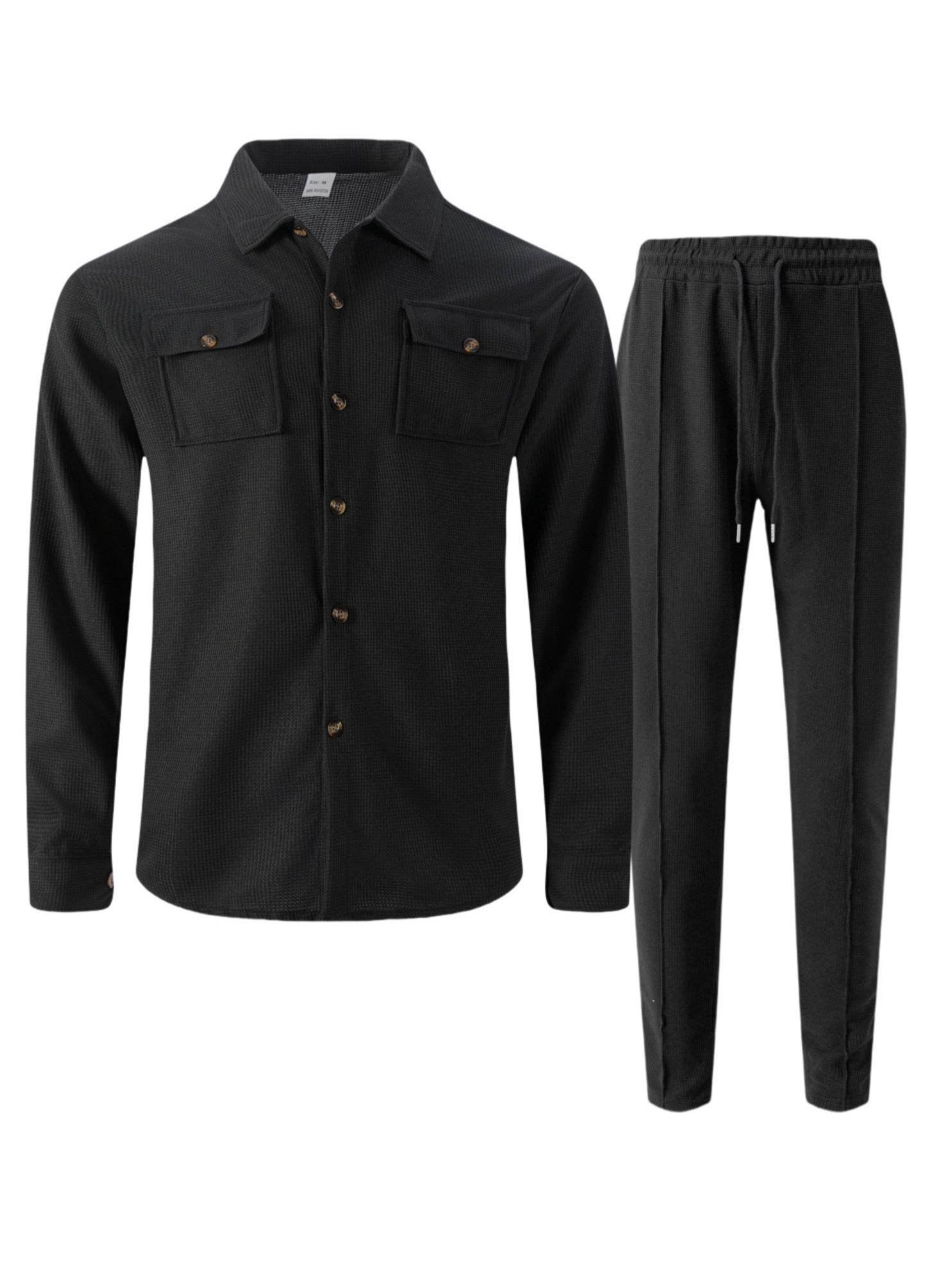 Autumn New Waffle Long Sleeved Pants Two-Piece Set Solid Color Double Pocket Button Up Cardigan Shirt Set for Men