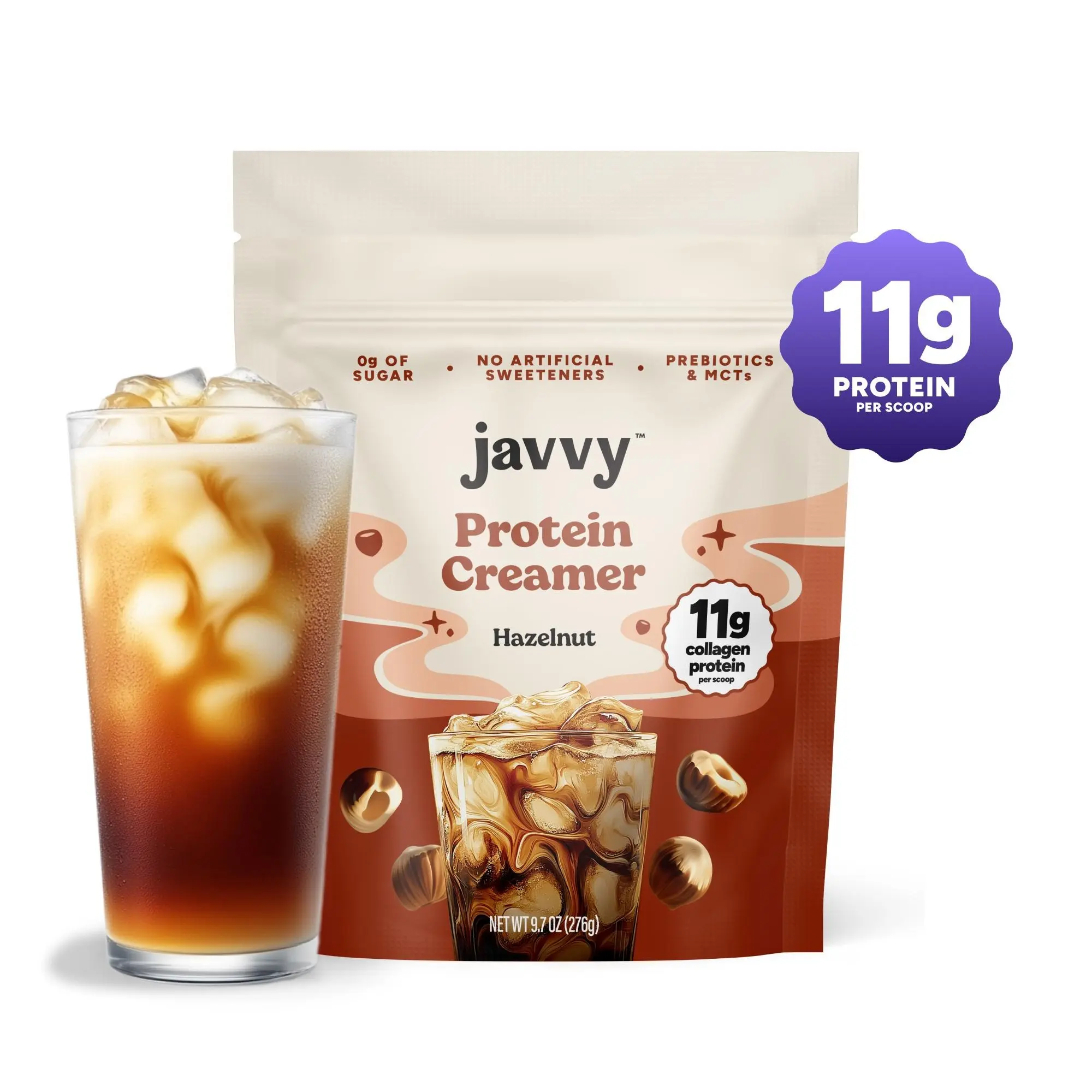 Javvy Hazelnut Protein Coffee Creamer - Grass Fed Pasture Raised Collagen - Hair, Skin & Nail Support,Energy-Boosting MCTs, Keto Friendly, Lactose Free & Gluten Free, No Added Sugar, 11g of Protein