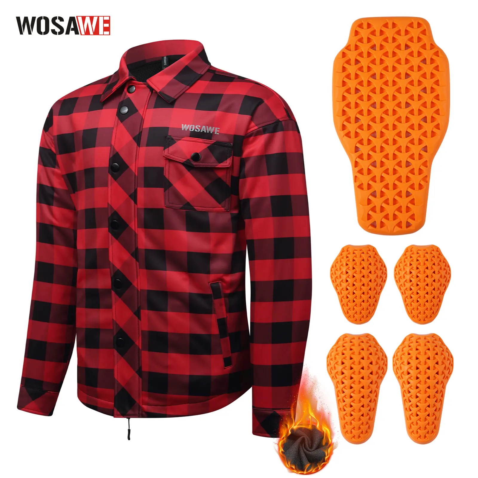 WOSAWE Men's Stylish Plaid Flannel Biker Shirt - Menswear Motorcycle Protective Gear with Removable Pads, Zipper, Mesh, Pockets, Long Sleeve Thermal Riding Jacket