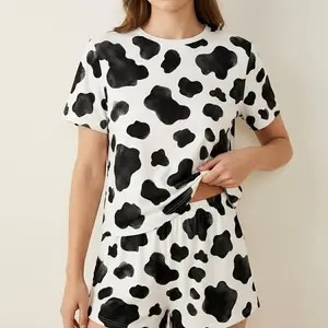 HUOHULI Women's 2-Piece Cow Print Pajama Set - Short Sleeve (Shortsleeve) Top, Elastic Waist Shorts, Soft Comfy Fabric, All-Over Animal Pattern, Everyday Nightwear & Casual Loungewear for Home