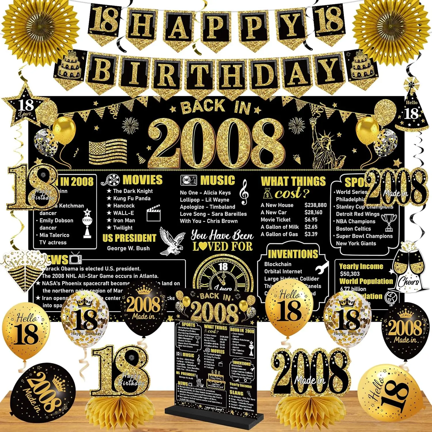 2008 Vintage Happy 18th Birthday Party Decorations Supplies Kit - Banner, Wooden Sign, Poster, Balloons, Paper Fans, Hanging Swirls, Gifts for 18-Year-Old Boys & Best Friends, Happy Birthday