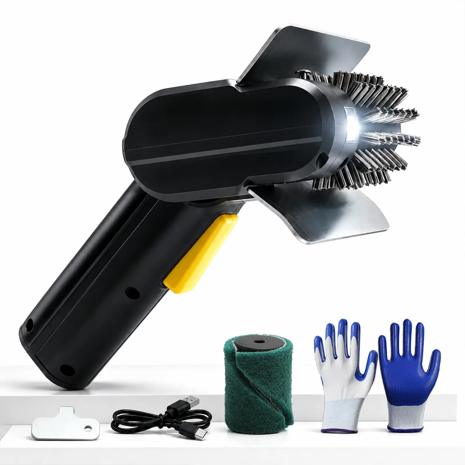 Electric Grill Brush, Rechargeable BBQ Cleaner with Steel Bristles | LED light, steel bristles, 100+ min runtime, 2 cleaning pads, gloves, wrench, for outdoor grills and camping
