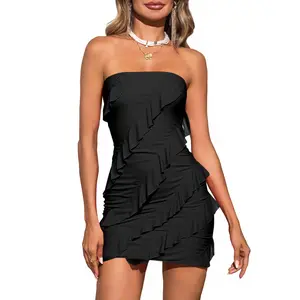 Wenrine Women's Sexy Strapless Mini Dress Summer Bodycon Sleeveless Mesh Ruffle Casual Tube Top Club Party Dresses