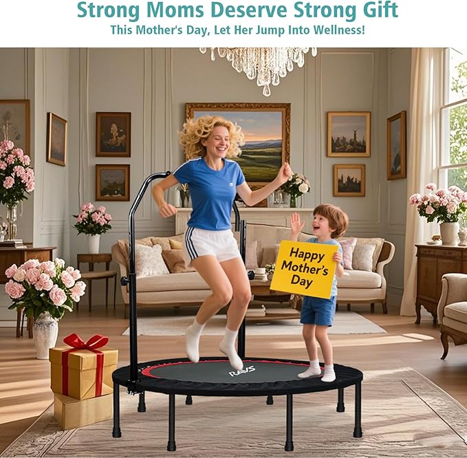 RAVS 450 LBS Foldable Mini Trampoline for Adults &Kids 40"/48"Rebounder Trampoline with Adjustable Foam Bar forIndoor Workout Fitness
