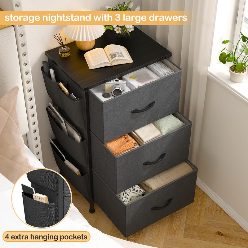 Homkdom Nightstand Sets of 1/2 With 3 Drawers,25.6 Inch Bedside Table with Side pocket & Wooden Top, Small Dresser for bedroom,Living Room,Entryway