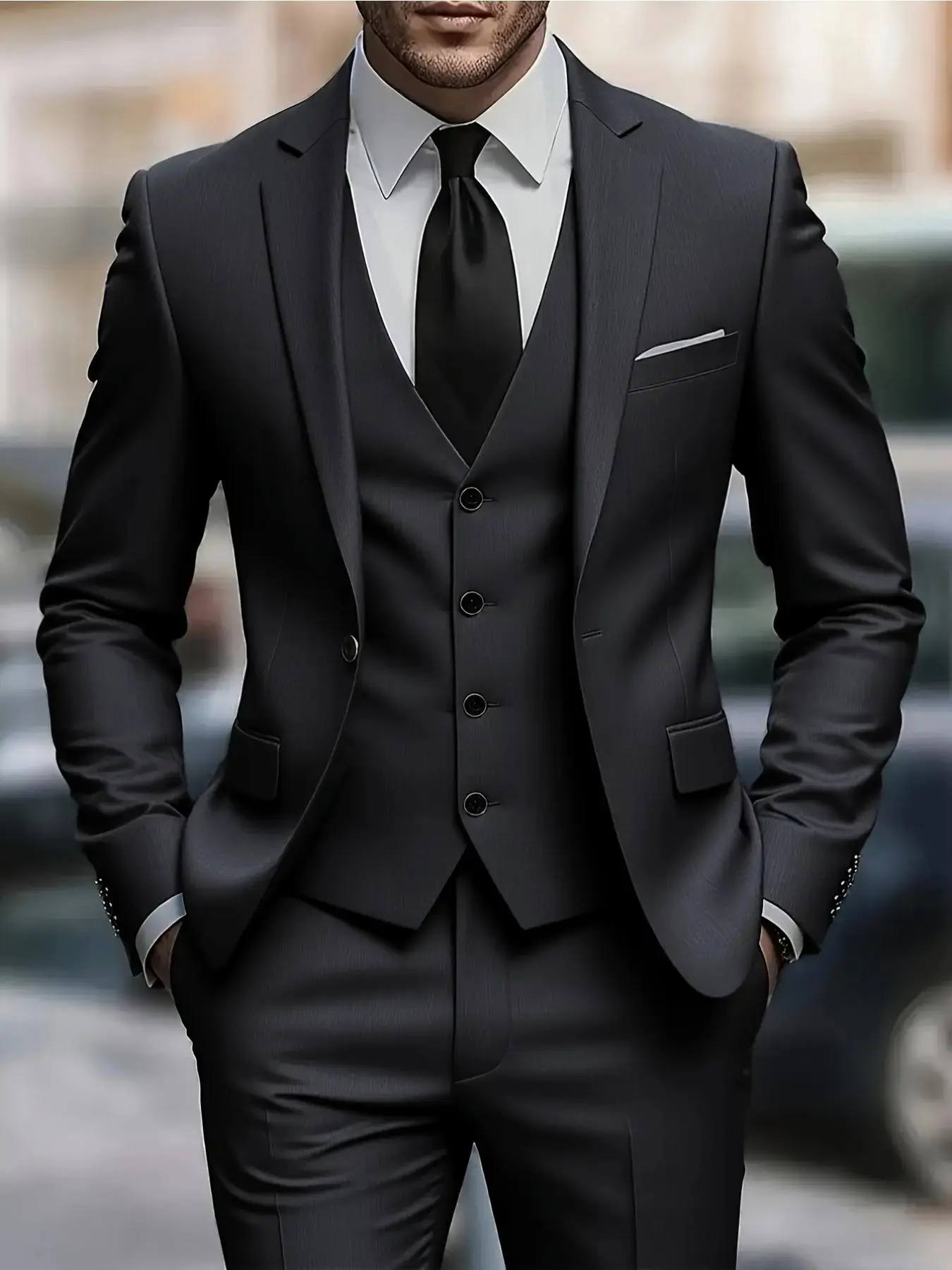 Elegant Men'S 3pcs Suit - Slim Fit Tuxedo Set for Weddings & Formal Occasions, Black Suit with White Shirt & Pants, Perfect for Office Meetings and Elegant Events, Formal Attire | Slim Fit Suit | Durable Wedding Wear, Business Attire Clothes