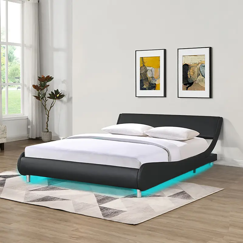 Glam Black Queen Size PU Leather Upholstered Platform Bed Frame - RGB LED Lights (Remote & APP Control), Curve Design, Wood Slat Support, 600 lbs Capacity, 8+ in Height, 90.90"L * 63.80"W * 25"H, No Box Spring Needed, Easy Assembly, LED Light Included