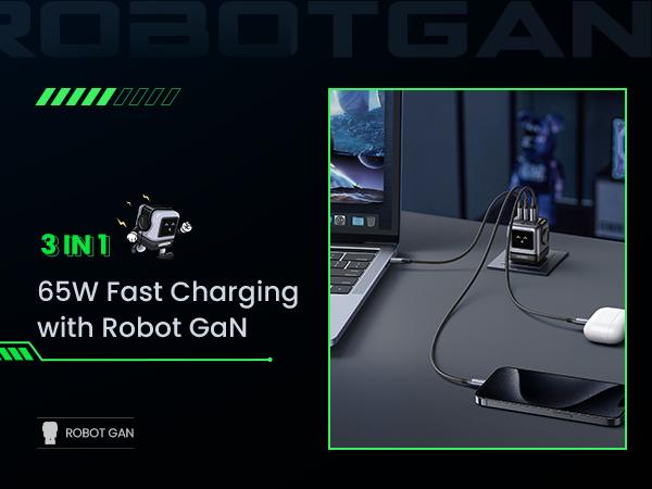 UGREEN Uno 65W USB C Charger Block, Nexode 3-Port GaN Fast Charger with Screen, Fun Robot Gifts for Men Women, Compatible with iPhone 17, MacBook Pro/Air, XPS, Galaxy S25, Steam Deck, ROG Ally, Black