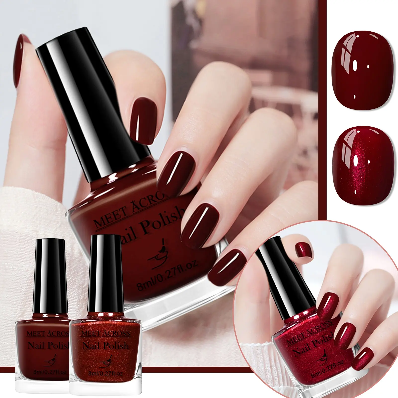 MEET ACROSS 2pcs Cherry Red Nail Polish Set, 2026 Trendy Burgundy Red Serie Quick Dry Water-Based Peel Off Finger Nail Polish, Professional Salon Quality Nail Art, New Year & Holiday Gift Nail Polish Gifts Home Salon DIY Nail Manicure