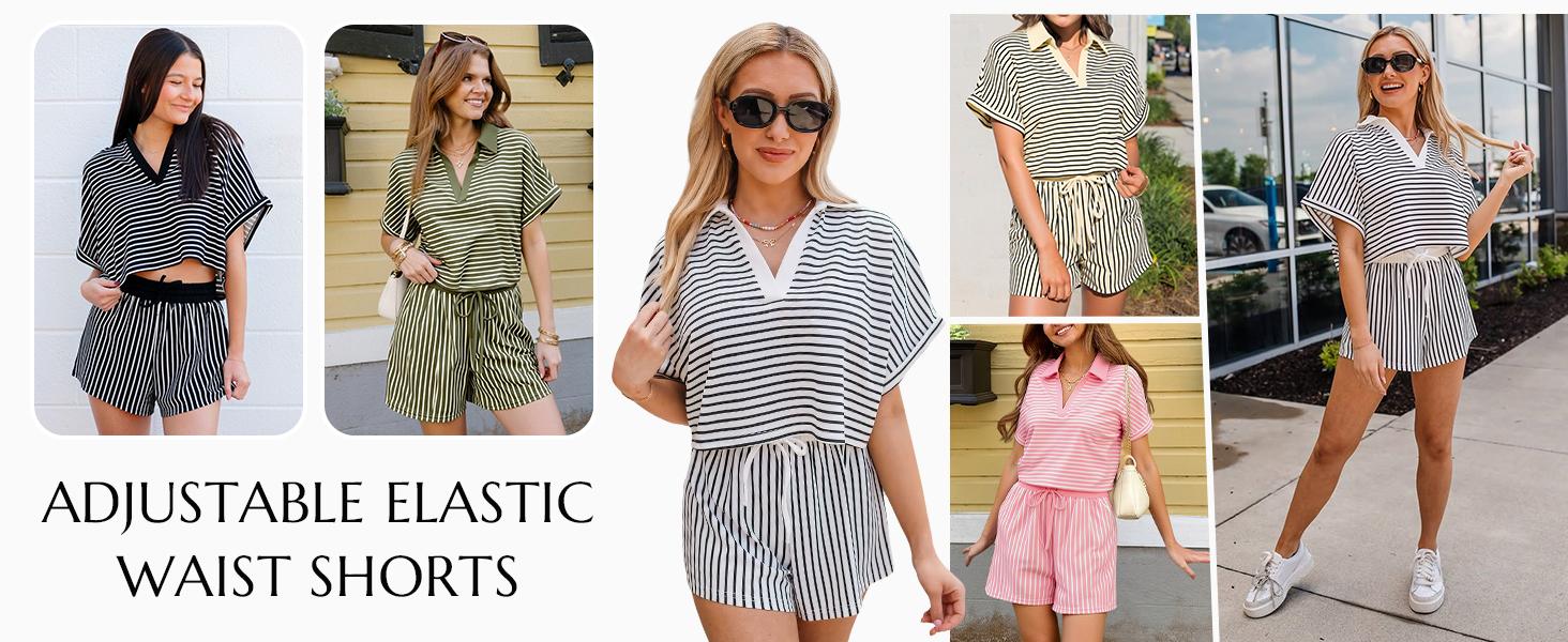 Cicy Bell Womens Striped 2 Piece Short Sets Summer Short Sleeve Collared V Neck Cropped Tops Vacation Casual Lounge Outfits