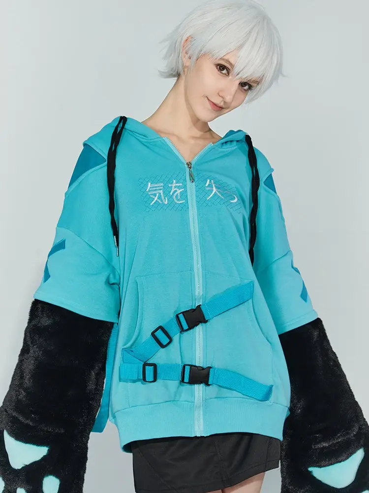 micotaku Women's Cartoon Cute Kitten Zip-Up Cotton Hoodie - Detachable Furry Paws, Straps, Embroidered Tail, Hair Accessories, S/M, 1X-2X Tops, Sweaters