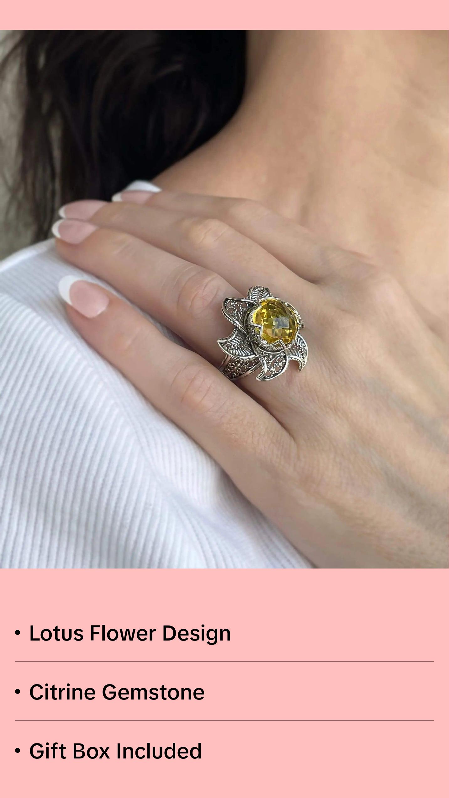 Lotus Flower Citrine Gemstone Women Silver Statement Ring