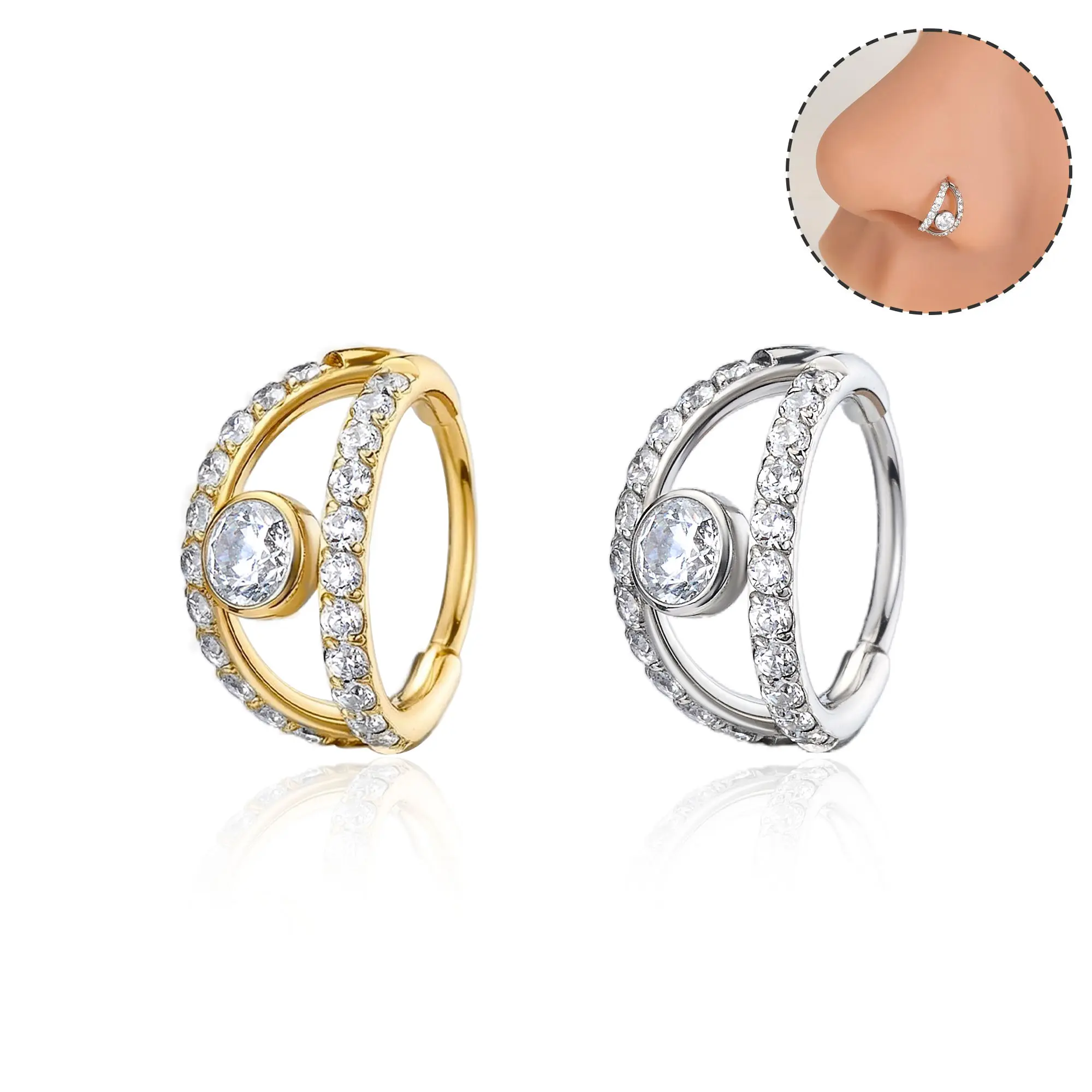 OUFER BODY JEWELRY 20G Double Hoop Nose Ring in 316L Stainless Steel, Non Tarnish Jewelry with CZ Center for Female Nose Piercing, Hoop Piercing Jewelry