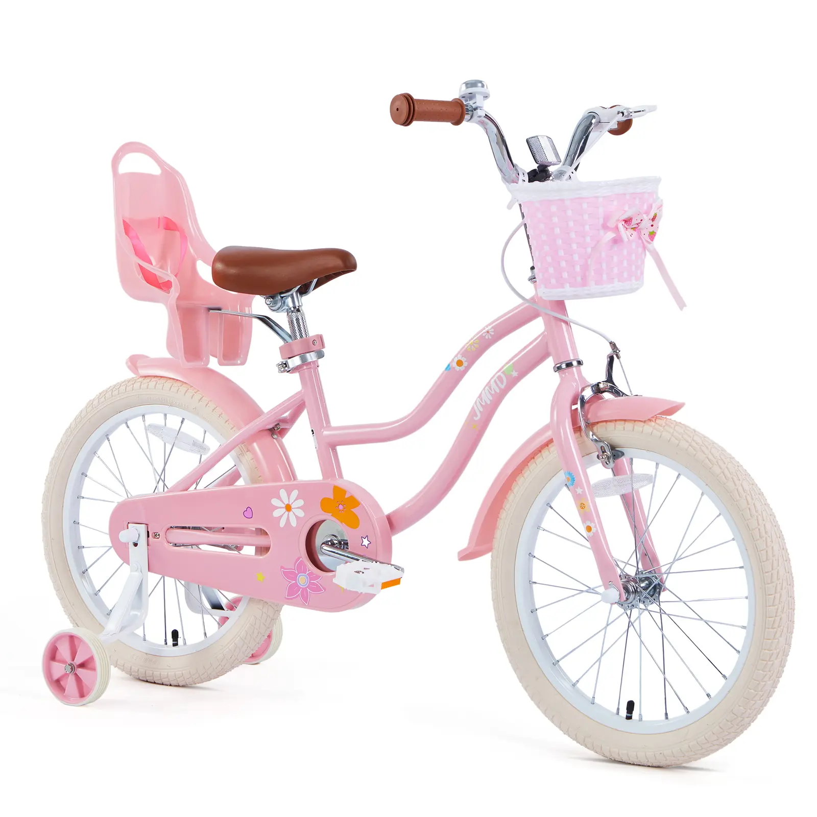 JMMD Durable Girls' Bike for 4-12 Years (12-24in) - Steel Frame, Adjustable Parts, Training Wheels, Hand Brake, Coaster Brake, Kickstand, Basket, Doll Seat, Fully Enclosed Chain Guard, Multiple Colors
