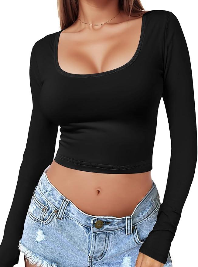 Women's Square Neck Long Sleeve Crop Top Y2K Shirt Sexy