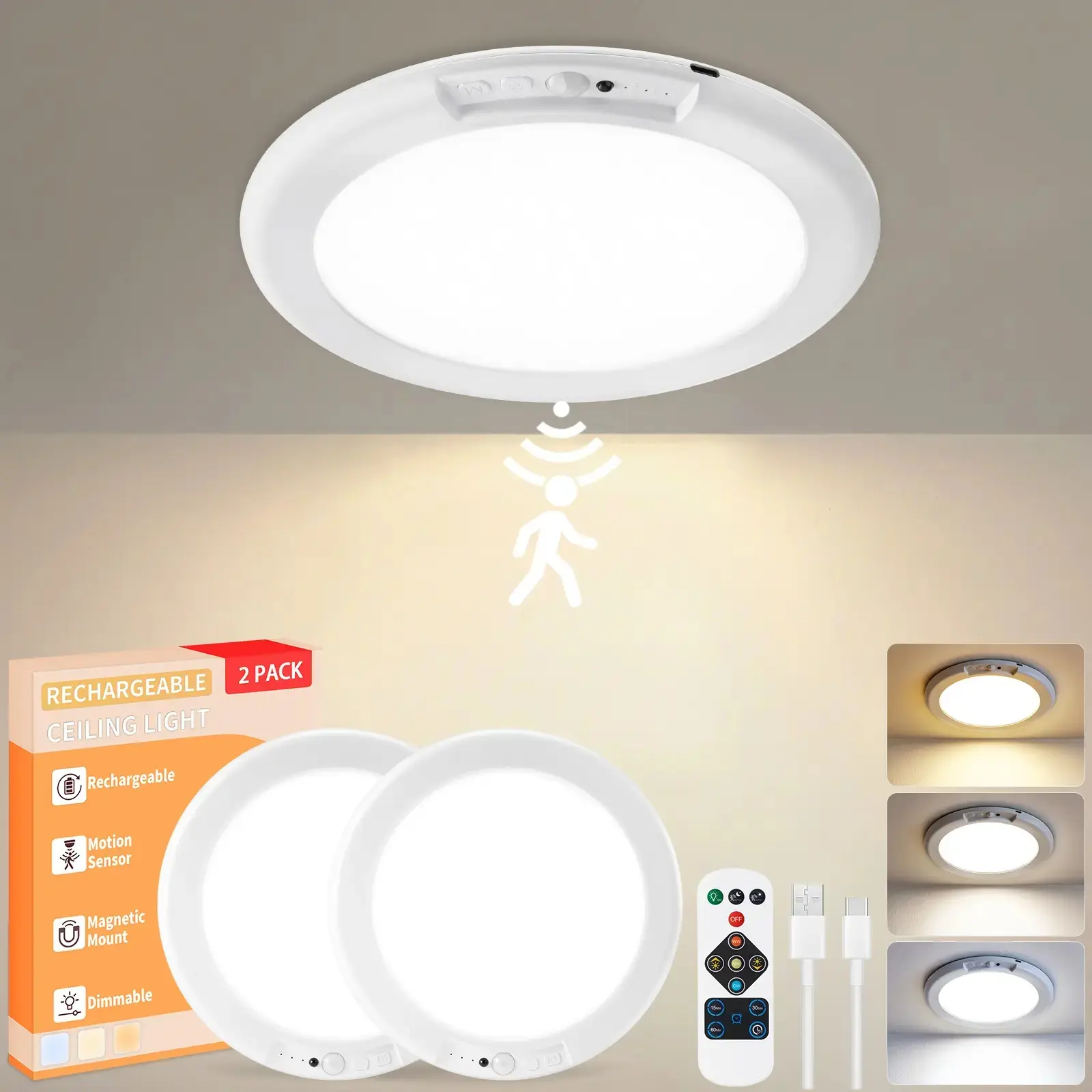 Battery-Powered Motion Sensor Auto On/Off Indoor Ceiling Spot Light - Magnetic Rechargeable Wireless LED Lamp with Remote, Timer-Dimmable for Closet, Hallway