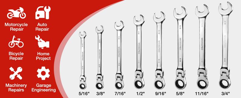 #JumpstartSale WORKPRO 8-piece Flex-Head Ratcheting Combination Wrench Set, 72-Teeth, Cr-V Constructed, Mirror Polished Chrome Plated with Roll Up Pouch