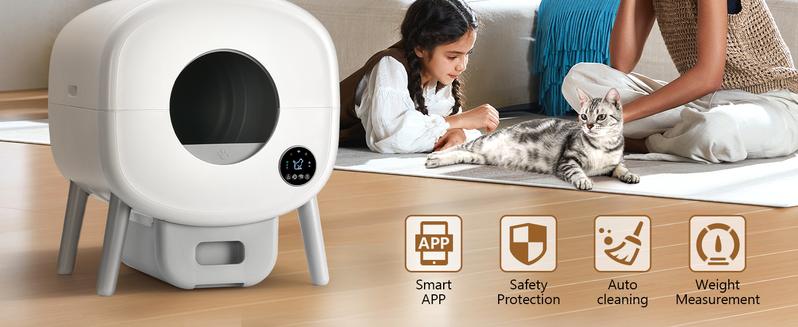 Self Cleaning Litter Box,Large Capacity Automatic Cat Litter Box Self Cleaning for Multiple Cats with App Control and Safety Protection,2 Roll Litter Bags,White