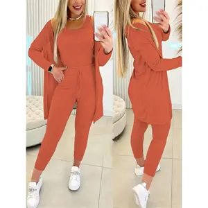 Women's 3pcs Oversized Sweatsuit Set - High-Stretch Solid Orange Jumpsuit with Elastic-Waist Pants & Oversized Coat |   Cozy Winter Outfit for Casual Formal Events |   Machine Washable