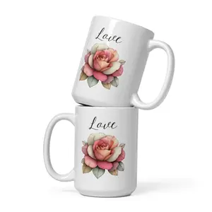 15oz Sturdy Printed Ceramic Coffee Mug - Reusable, Washable, Microwave-Safe White Glossy Finish Rose Love Design Kitchen Drinkware