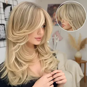 Short Curly Blonde Wig Glueless Synthetic Wig with Curtain Bangs, 18 Inch Natural Looking Layered Curly Wig for Women, Lightweight Synthetic Hair Wig for Daily Wear, Party Look & Fashion Style