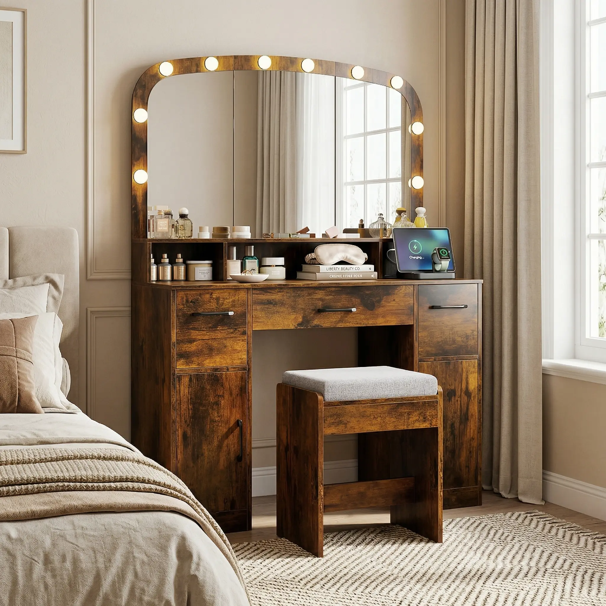 Spaco Rustic Brown Vintage Wood Makeup Vanity Desk with Curved Mirror, Adjustable 3-Color Lights, Charging Station, USB Ports, Power Hub, Stool, All-Round Layered Storage, Anti-Toppling Kits for Bedroom (Assembly Required), French Country, Vanity Mirror,,