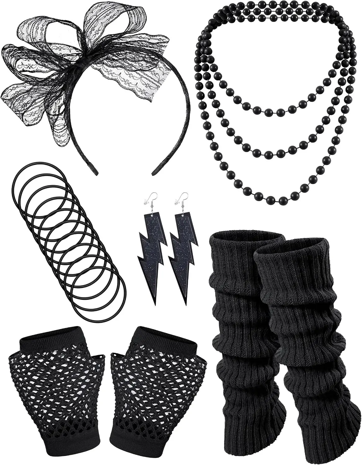 80S Fancy Dress Costume Accessories Headband Earrings Fishnet Gloves Necklace Bracelet Leg Warmers Party Outfit Set