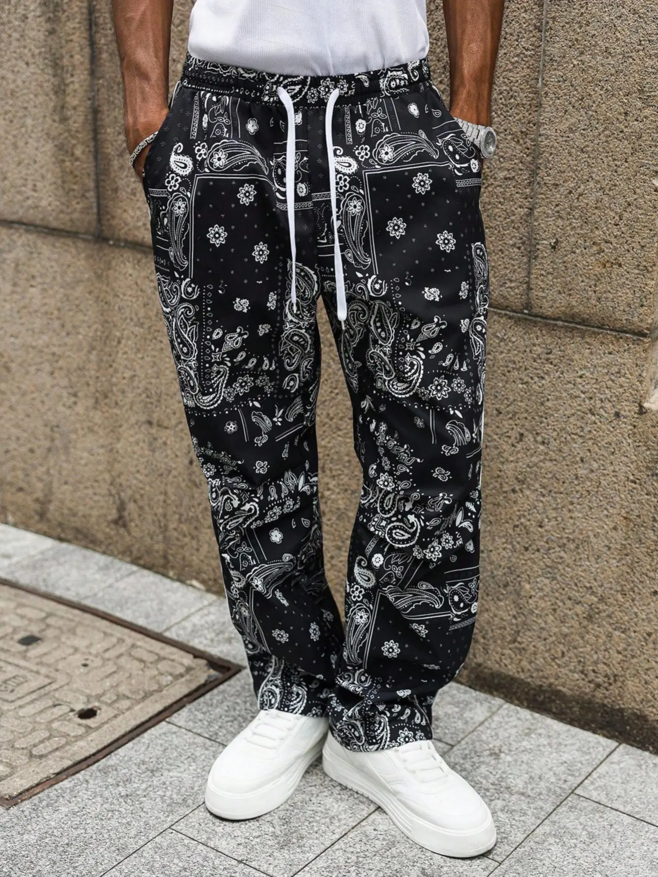Bandana Print Wide-Leg Pants | Black & White Paisley Streetwear Track Bottoms